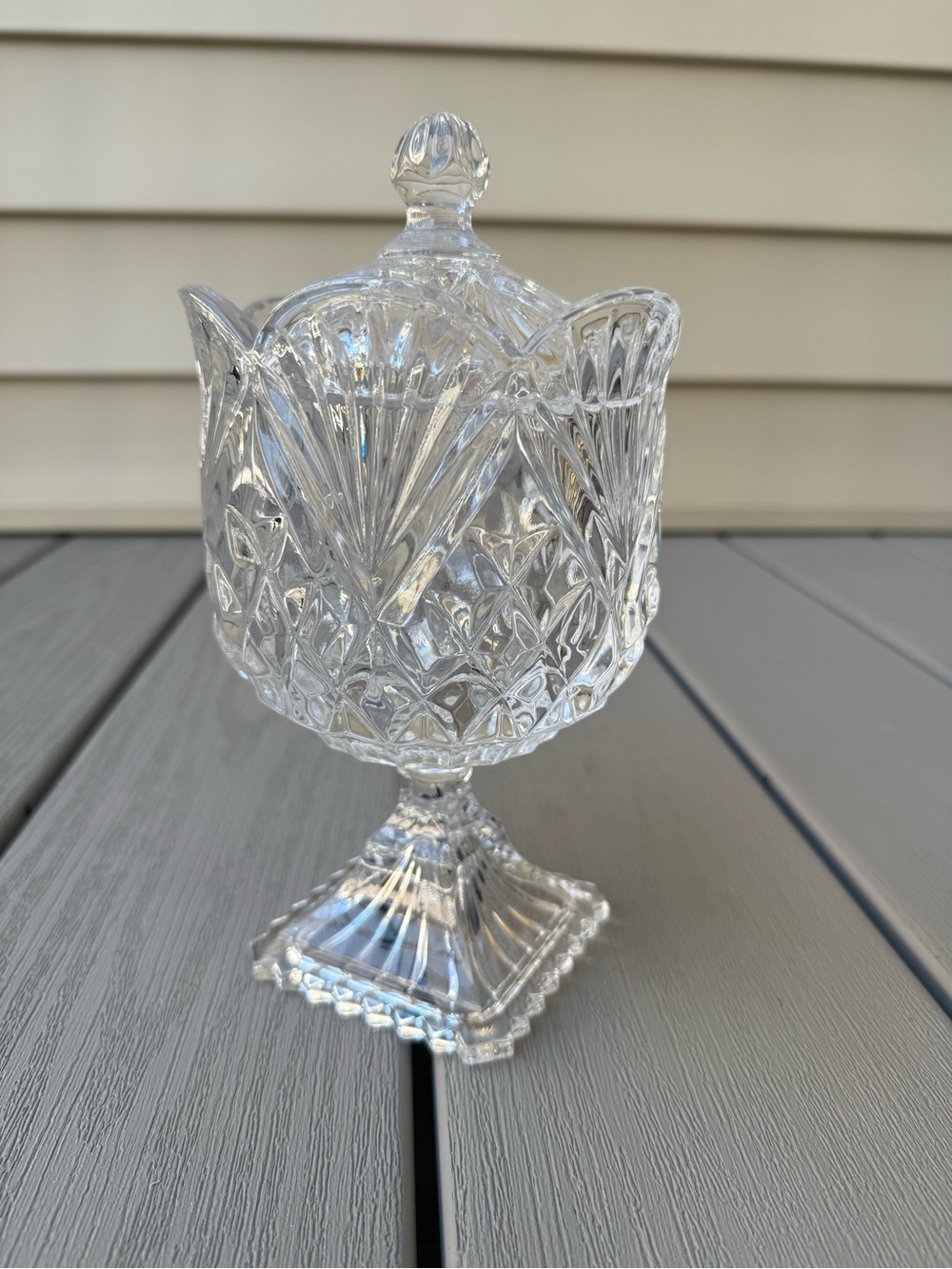 Vintage Clear Pressed Glass Covered Candy Dish Pedestal Compote Scalloped Lid